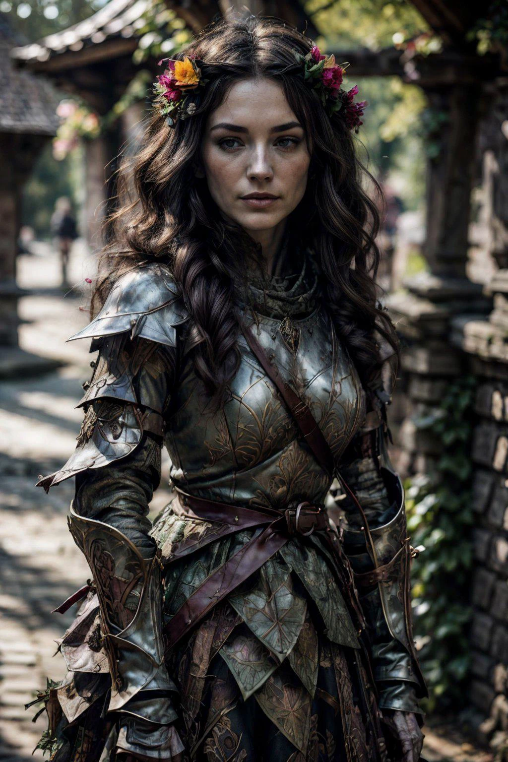 Fantasy, colorful , shallow depth of field, sharp focus on face, blurry body, Candid Angle, charcoal sketch, Looking into the sky, solo, close-up top body colorful RAW photo of (A1:0.9), a dryad knight woman wearing skin-tight medieval armor made of vines and leaf and flower, bronze breastplate, tiny, Vintage-Inspired Makeup, dramatic pose, floating long messy hair, hair flower, summer forest, sunny weather , masterpiece, colorful details, high detailed, natural lighting, analog film, detailed skin, perfect composition, intricate details, subsurface scattering, amazing textures, filmic, dynamic pose, light rays on her face, sharp warm light, sharp deep shadows, film grain, viniette, realistic, (dark background:1.3), detailed, <lora:add_detail:0.75>,
<lora:dryad-1.0-cos:0.85> ,<lora:MedievalArmor_v02:0.8>