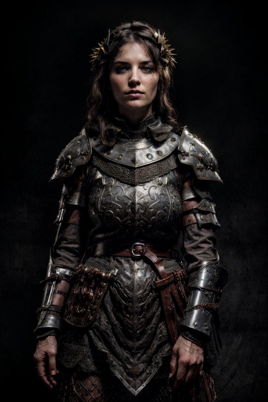 trench crusade, medieval, (dieselpunk:1.2), ww1, colorful (full body:1.3) photo, shallow depth of field, sharp focus on face, blurry body, Candid Angle, a colorful vintage cinematic snapshot, Looking into camera, solo, (full body colorful RAW photo:1.1) of a crusader warrior woman wearing bulky full body crusade plate armor, floor-length chainmail skirt, high collar, choker, bulky jewelry made of skulls, dirt, tiny, Gothic and Grunge Makeup, There are mountains of skulls around her, masterpiece, colorful details, high detailed, natural lighting, analog film, detailed skin, The battlefield, perfect composition, intricate details, subsurface scattering, amazing textures, filmic, dynamic pose, light rays on her face, sharp warm light, sharp deep shadows, old photographic film, film grain, viniette, realistic, (black background:1.3), detailed, <lora:add_detail:0.65>, <lora:chainmail:0.65>, <lora:MedievalArmor_v02:0.75>
