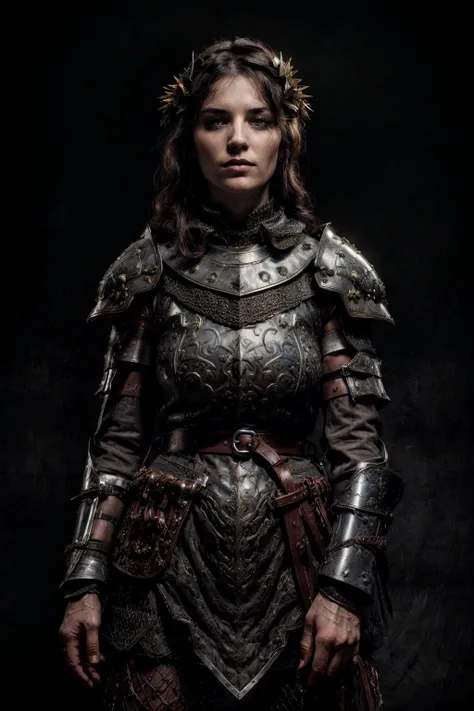 trench crusade, medieval, (dieselpunk:1.2), ww1, colorful (full body:1.3) photo, shallow depth of field, sharp focus on face, blurry body, Candid Angle, a colorful vintage cinematic snapshot, Looking into camera, solo, (full body colorful RAW photo:1.1) of a crusader warrior woman wearing bulky full body crusade plate armor, floor-length chainmail skirt, high collar, choker, bulky jewelry made of skulls, dirt, tiny, Gothic and Grunge Makeup, There are mountains of skulls around her, masterpiece, colorful details, high detailed, natural lighting, analog film, detailed skin, The battlefield, perfect composition, intricate details, subsurface scattering, amazing textures, filmic, dynamic pose, light rays on her face, sharp warm light, sharp deep shadows, old photographic film, film grain, viniette, realistic, (black background:1.3), detailed, <lora:add_detail:0.65>, <lora:chainmail:0.65>, <lora:MedievalArmor_v02:0.75>