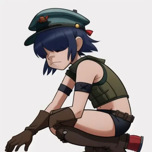 <lora:cyborg-04:1>, cybn00dle, 1girl, "dark vest", bare arms, (((no eyes))), gloves, armband, beret, squatting, ((side view)), short shorts, midriff, full body, gun, ak47