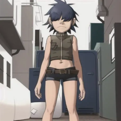 cybn00dle, 1girl, no eyes, vest, bare arms, midriff, short shorts, full body <lora:cyborg-06:1>