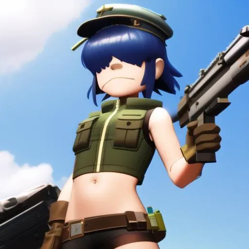 <lora:cyborg-04:1>, cybn00dle, 1girl, "dark green vest", bare arms, (((no eyes))), gloves, armband, beret, standing, side view, short shorts, 3d, artstation, midriff
