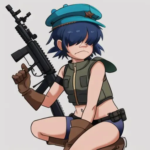 <lora:cyborg-04:1>, cybn00dle, 1girl, "vest", bare arms, (((no eyes))), gloves, armband, beret, squatting, ((side view)), short shorts, midriff, full body, gun, ak47