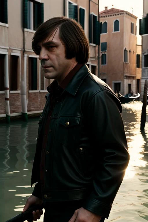 Chigurh, real photo,analog style,pores,subsurface scattering,8k uhd, Candid shot, Leather Pants, Leather jackets, serious, in venice, Reflector lighting,
<lora:Chigurh_v1:1>