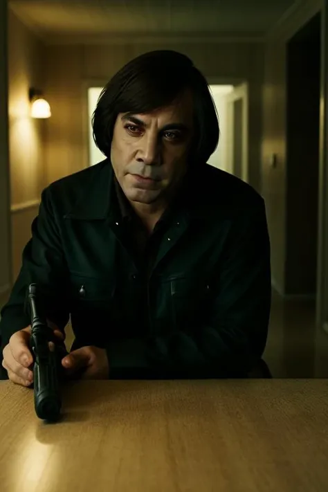 Chigurh, realistic face,f/1.4,portrait,photo,hyperdetailed, dark, night,eerie,
looking_at_viewer, short_hair, holding, weapon, indoors, holding_weapon, holding_gun, aiming, upper_body, Captive bolt pistol,
,<lora:Chigurh_v1:1>