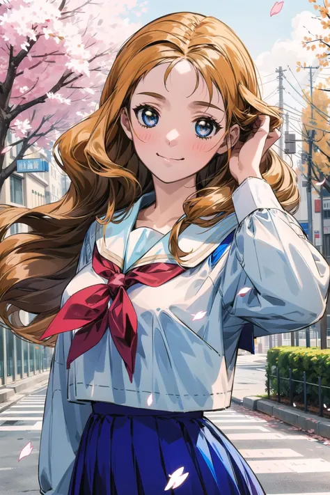 ((masterpiece, best quality)),<lora:XXXX-X-testV17:1>,XXXX-X-test,long hair,large breasts,(blonde hair:0.7),<lora:add_detail:0.4>,white-serafuku,pleated skirt,red neckerchief,cherry blossoms,<lora:adjusting_hair_v1:0.6> adjusting hair,light smile,street,blue skirt,school uniform, falling petals,