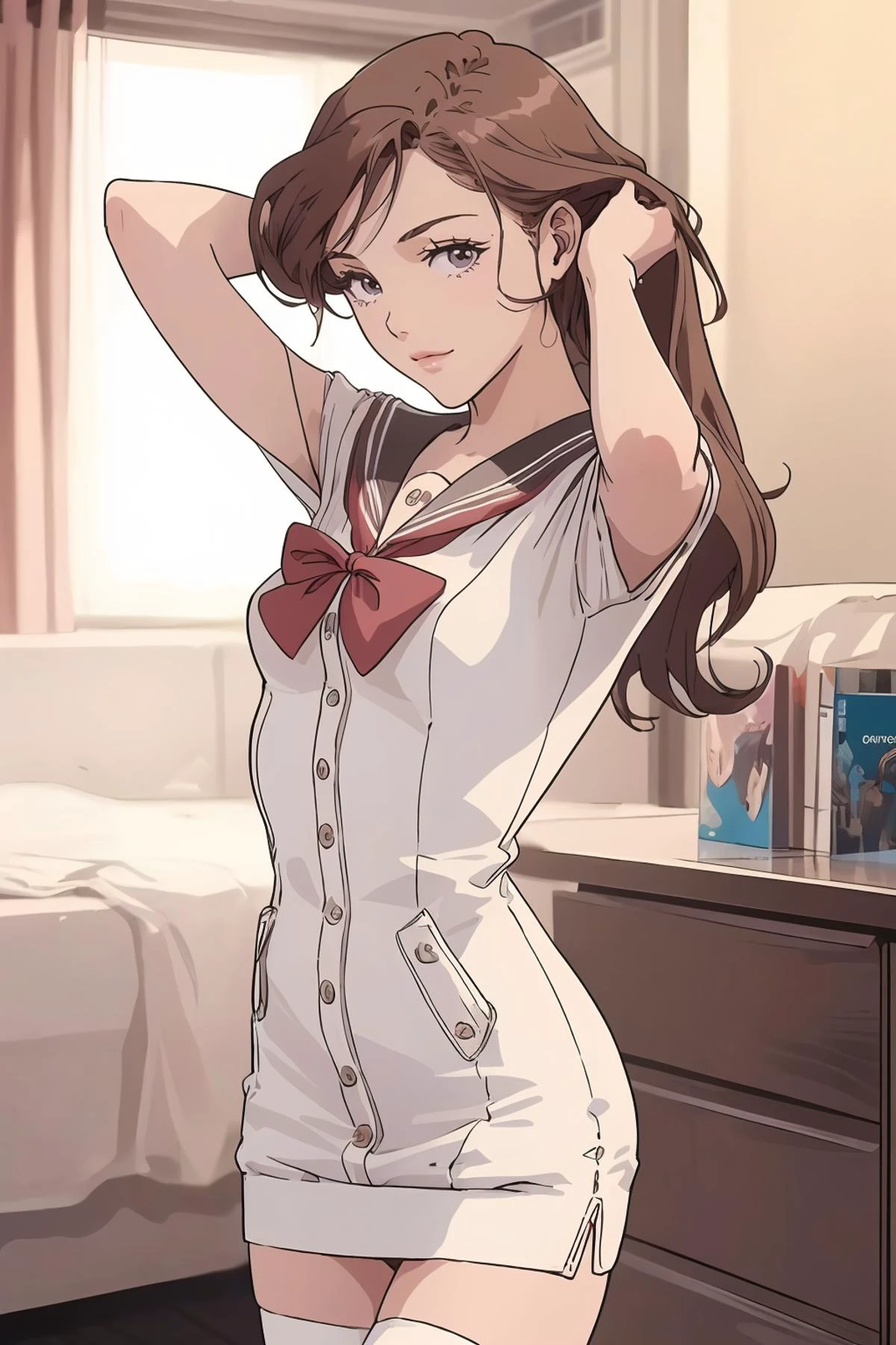 8k high quality detailed,highres,anime,comic,detailed image,
(an illustration of a age girl posing,an illustration of girl,teengirl,magazine_sheet),(magazine_illustration),
((<lora:pantsu-style-ruka25:0.6>, PHbtt90s_style,1girl,brown_hair,black_eyes,medium_breasts):0.9),Sunny Smile,detailed_face,
(, adjusting hair,arms up),
((<lora:(clothing)School uniforms:0.6>,thighhighs,school uniform,white thighhighs,dress,serafuku,sailor collar,bow):0.85),(,realistic clothing texture,realistic_skin_texture),<lora:adjusting_hair_two_hands_v1:0.65>,<lora:more_details:0.2>