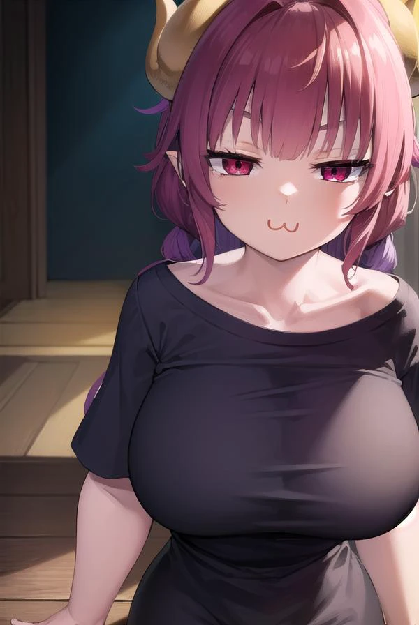 dragonilulu, <lyco:ilulu-lyco-nochekaiser:1>,
ilulu, curled horns, horns, long hair, multicolored hair, purple hair, (red eyes:1.5), red hair, (slit pupils:1.5), (large breasts:1.2), <lora:catmouth_v100:1>,  <lora:sensualface_type1:1>,
BREAK black shirt, (long shirt:1.5), black thighhighs, collarbone, shirt, short sleeves, thighhighs, wide sleeves, zettai ryouiki,
BREAK looking at viewer, upper body, fully body,
BREAK indoors,
BREAK <lyco:GoodHands-beta2:1>, (masterpiece:1.2), best quality, high resolution, unity 8k wallpaper, (illustration:0.8), (beautiful detailed eyes:1.6), extremely detailed face, perfect lighting, extremely detailed CG, (perfect hands, perfect anatomy),