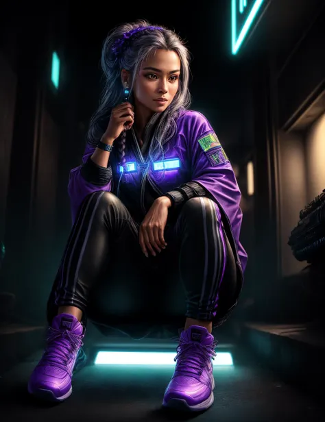 ((best quality)), ((masterpiece)), ((realistic)), (detailed), female Holo-conference organizer, , Aging gracefully, Lean, Polynesian, Steel gray eyes, , Violet French braid hair, Excitement, Exuding an air of grace and respect while engaging with extraterrestrial beings.,  wearing  Electroluminescent Palazzo Pants,  Reactive Kimono, Sonic Soundwave Sneaker Boots, , , Lying or sitting while experiencing virtual reality or neural interfaces., Underground resistance hideouts- Dim, hidden lights in rebel strongholds., Cyberpunk Streets, Holographic advertisements and cyberware shops ((masterpiece)), absurdres, HDR, <lora:add_detail:1>, <lora:LowRA:0.5>