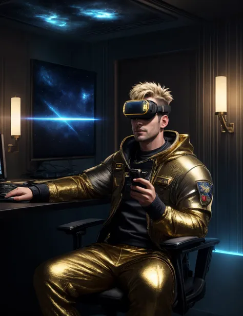 ((best quality)), ((masterpiece)), ((realistic)), (detailed), male Space marine, , Golden age Brawny, Russian, Light brown eyes, Birthmarks, Silver Blonde Fade haircut hair, Laugh,, Lying or sitting while experiencing virtual reality or neural interfaces.,  wearing Gold  Fair Isle Holographic Track Pants,  Electromagnetic Sweatshirt, , Levitating Visor,  and and, Gesturing in a non-verbal exchange with an extraterrestrial being., Subspace anomalies- Distorted lights in the presence of spatial rifts., Virtual reality simulations with lifelike sensations, Virtual Reality Roulette Hall, Photovoltaic Solar-Collecting Surfaces,Tuff stone, Wall-Mounted Sconces, Security Lighting, ((masterpiece)), absurdres, HDR, <lora:add_detail:1>, <lora:LowRA:0.5>