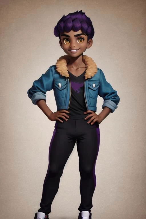 masterpiece, best quality, 1boy, hop \(pokemon\), purple hair, short hair, yellow eyes, dark skin, fur-trimmed blue jacket, open clothes, open jacket, black pants, black shirt, shoes, collarbone, full body, hands on hips, looking at viewer, smile, solo, , standing, simple background <lora:Hop:1