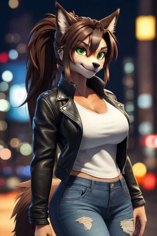 ((masterpiece, best quality:1.4)), bokeh, fluffy, 3d,
furry futanari, solo, looking at viewer, anthro,
wolf, furry wolf, brown hair, long hair, ponytail, light brown fur, green eyes, medium breasts, wide hips, leather jacket, torn jeans, open jacket, long tail,
tokyo \(city\), city, city lights, night,