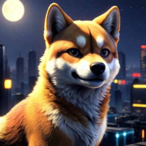 ((masterpiece, best quality:1.4)), bokeh, fluffy, 3d,
solo, feral, close-up, animal focus, solo focus, smile,
shiba inu,
cyberpunk, city background, science fiction,
moonlight,