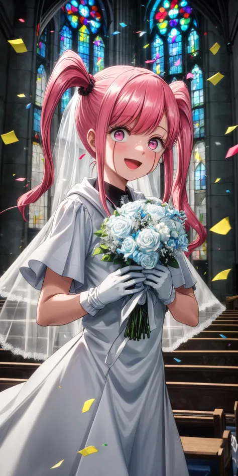(masterpiece), best quality, (((ultra detailed, 8k quality))), expressive eyes, perfect face, perfect anatomy, perfect body, scene, <lora:scene_:0.7>,  <lora:more_details:0.7>, <lora:beautiful_detailed_eyes:0.5>, <lora:GoodHands-vanilla:1>, <lora:give_it_a_name:0.7>,
<lora:love_cute-10:0.8>,1girl, solo, pink hair, twintails, long hair, pink eyes,  
indoors, church, stained glass, whie veil, laced gloves, upperbody, close portrait church, holding bouquet, (confetti:1.1), smile, open mouth, white dress, wedding dress, church, holding bouquet, (confetti:1.1)