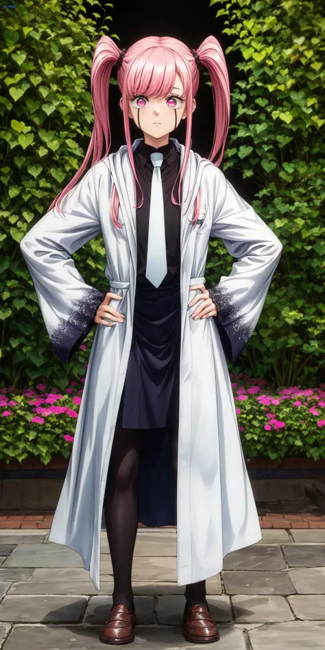 (masterpiece), best quality, (((ultra detailed, 8k quality))), expressive eyes, perfect face, perfect anatomy, perfect body, scene, <lora:scene_:0.7>, <lora:more_details:0.7>, <lora:beautiful_detailed_eyes:0.5>, <lora:GoodHands-vanilla:1>, <lora:give_it_a_name:0.7>,
<lora:love_cute-10:0.8>,1girl, solo, pink hair, twintails, long hair, pink eyes, skirt,black pantyhose,White necktie, sleeves past fingers, loafers, robe, sleeves past wrists, garden, flowe field, hand on hips, upper body, bent over