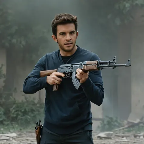 jonathan bailey is holding an ak47 storming towards the viewer, detailed, realistic, 8k uhd, high quality, cinematic, film poster, realistic, high definition, 8k, (masterpiece, best quality:1.4) <lora:jonathan-000014:1>, professional, 4k, highly detailed, intricate details, dof