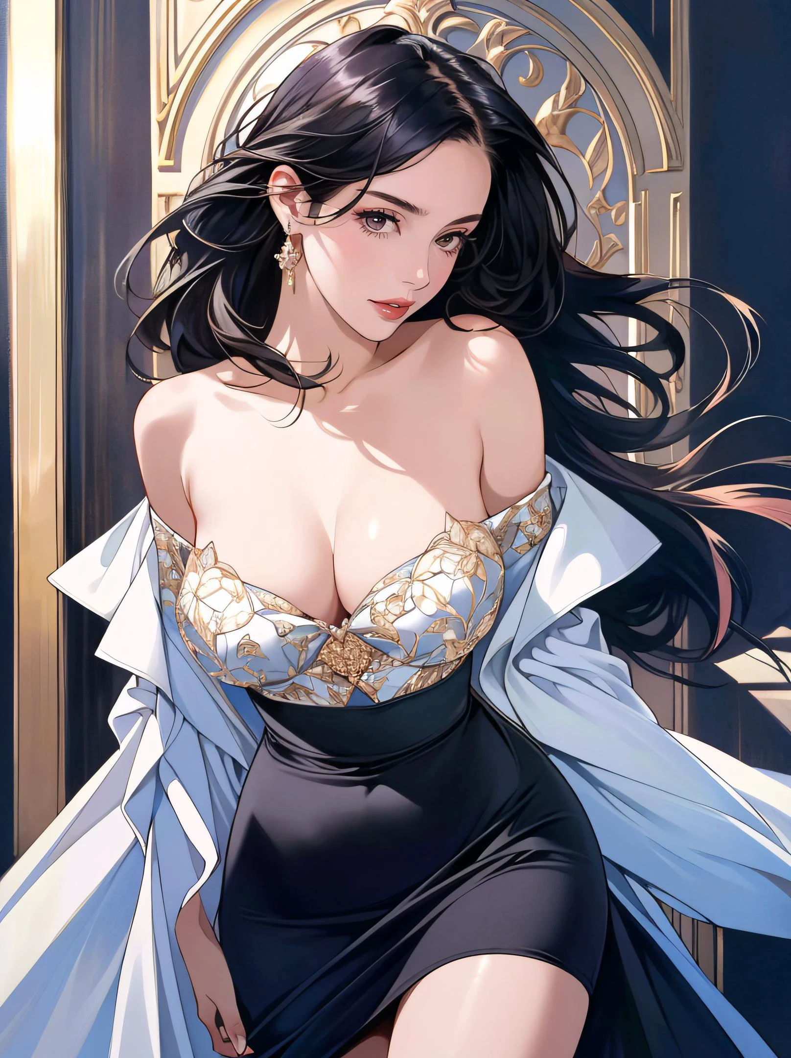 1girl, solo,(close-up),perfect breasts,open_clothes,thigh gap,off-shoulder,
black_hair,dress, long_hair, best illumination, detailed cloth texture, 
[buildings|Art Deco background:1.3],
(masterpiece,best quality,ultra high res,photorealistic:1.4),
<lora:GoodHands-vanilla:1.5>