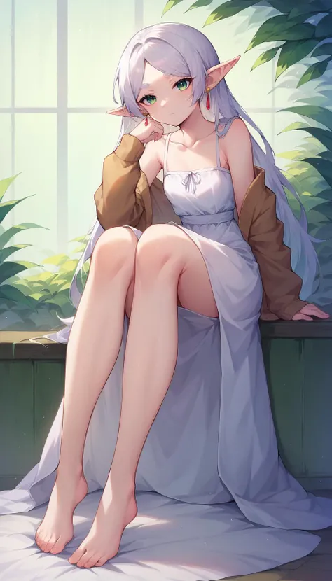 <lora:frieren_nereirfpnxl_pony_v2:1> score_9, score_8_up, score_7_up, score_6_up, score_5_up, score_4_up, source anime,
nereirfpnxl, frieren, 1girl, solo, dress, pointy ears, long hair, barefoot, white dress, jewelry, green eyes, earrings, feet, looking at viewer, elf, sitting, full body, toes, collarbone, cardigan, closed mouth, thick eyebrows, white hair