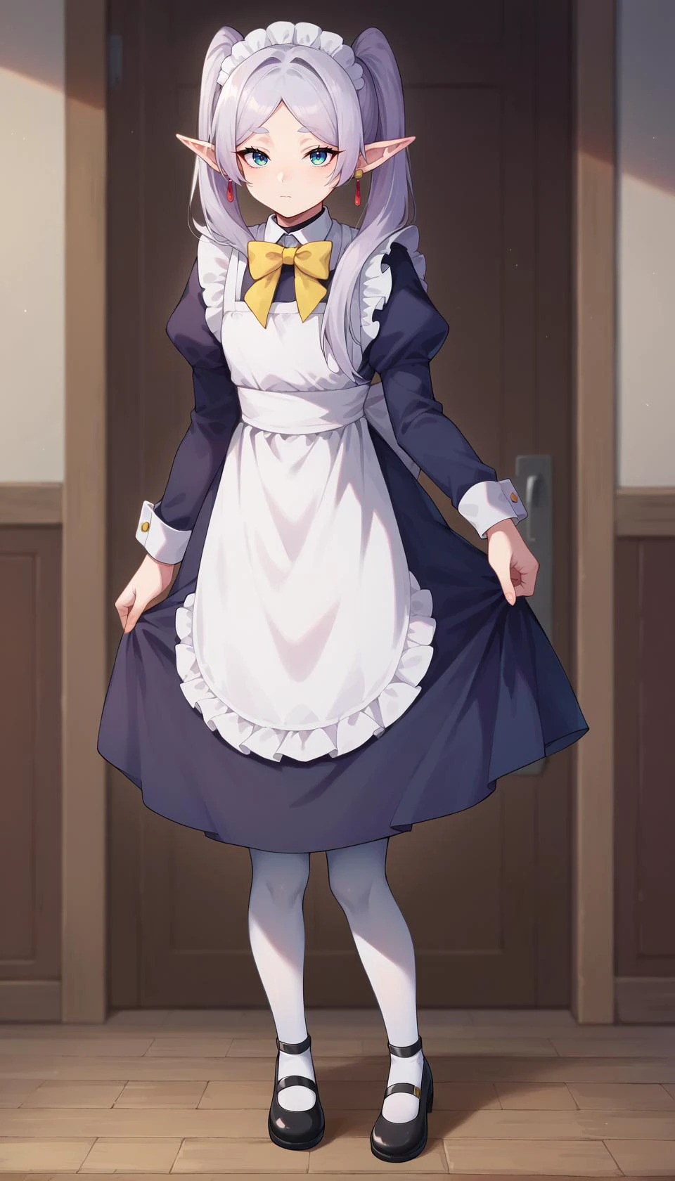 <lora:frieren_nereirfpnxl_pony_v2:1> score_9, score_8_up, score_7_up, score_6_up, score_5_up, score_4_up, source anime,
nereirfpnxl, frieren, 1girl, solo, twintails, pointy ears, jewelry, maid, bow, earrings, black footwear, long sleeves, apron, dress, skirt hold, shoes, full body, bowtie, yellow bow, elf, long hair, yellow bowtie, grey hair, white pantyhose, white bow, puffy sleeves, standing, maid apron, bangs, white apron, juliet sleeves, pantyhose, white bowtie, mary janes, parted bangs, black dress, closed mouth, cross earrings, curtsey, looking at viewer