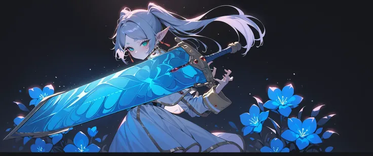 [pearl:opal:0.5], very aesthetic, masterpiece, best quality, hyper detailed, ultra detailed, UHD, perfect anatomy,
nereirfpnxl, frieren, 1girl, girl knight, blunt bangs, pointy ears, silver hair, twintails, moonlight greatsword, holding sword, glowing weapon,
dazzling, transparent, white dress, backlighting, blue flower, from side,
green eyes, dark souls \(series\),
<lora:moonlightswordXLv1:1>
<lora:frieren_nereirfpnxl_xl:0.8>
<lora:IOS_Iridescent_opal_style:0.6>