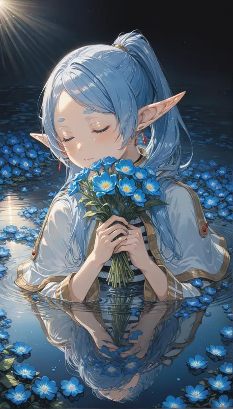 nereirfpnxl, frieren, rating:safe, flower, water, pointy ears, blue flower, closed eyes, reflection, holding flower, holding, elf, long hair, bouquet, ponytail, ripples, hair flower, hair ornament masterpiece, best quality, intricate detail, cinematic lighting, amazing quality, amazing shading, detailed Illustration, official artwork, wallpaper, official art, extremely detailed eyes and face, beautiful detailed eyes
 <lora:frieren_nereirfpnxl_xl:1> <lora:IOS_Iridescent_opal_style:0.8>