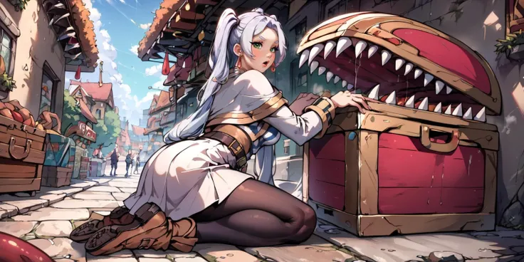 zPDXL, score_9, score_8_up, best quality, masterpiece, 4k, rating explicit, very aesthetic,
IncrsNikkeProfile, nereirfpnxl, frieren, green eyes, white hair, long hair, twintails, kneeling,
earrings, white capelet, blue and white striped shirt, long sleeves, belt, white skirt, pantyhose, brown footwear,
frontlight, from side and behind, solo:2, tall female, large breasts, collarbonet, frightened,
in a shopping street with people coming and going.
<lora:NIKKEProfile_PDXL:1>, <lora:frieren_nereirfpnxl_xl:1>, <lora:mimic_chest_ponyxl_v9:1>, mimic chest made of wood, <lora:mfcgXL:1>