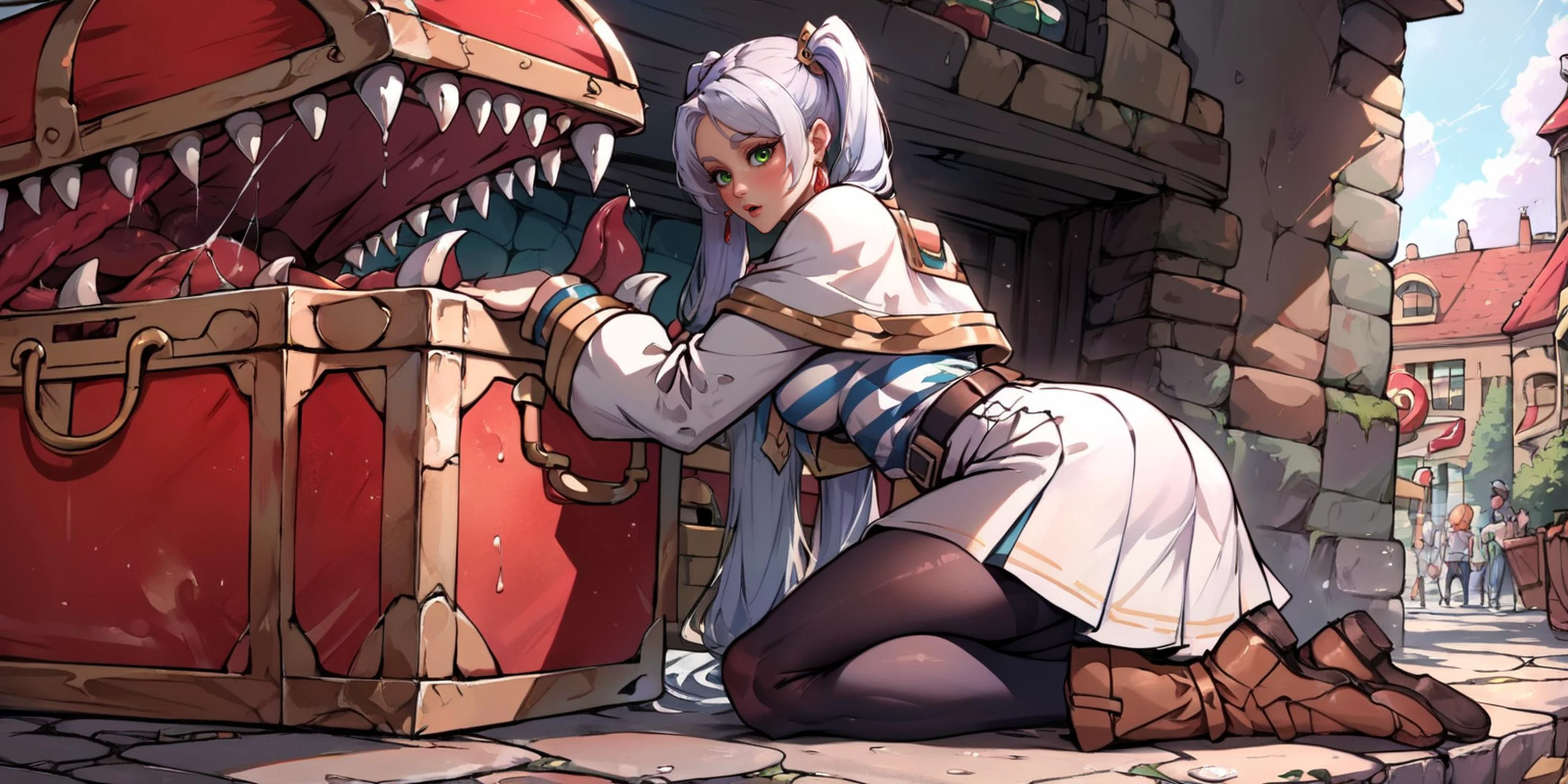 zPDXL, score_9, score_8_up, best quality, masterpiece, 4k, rating explicit, very aesthetic,
IncrsNikkeProfile, nereirfpnxl, frieren, green eyes, white hair, long hair, twintails, kneeling,
earrings, white capelet, blue and white striped shirt, long sleeves, belt, white skirt, pantyhose, brown footwear,
frontlight, from side and behind, solo:2, tall female, large breasts, collarbonet, frightened,
in a shopping street with people coming and going.
<lora:NIKKEProfile_PDXL:1>, <lora:frieren_nereirfpnxl_xl:1>, <lora:mimic_chest_ponyxl_v9:1>, mimic chest made of wood, <lora:mfcgXL:1>