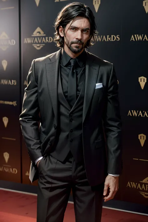 ((masterpiece, best quality))
<lora:add_detail:0.8>
<lora:AWAlan:0.8>
AWAlan, 1boy, solo, facial hair, black hair, On the red carpet at a glamorous awards ceremony, wearing a bespoke black tie ensemble