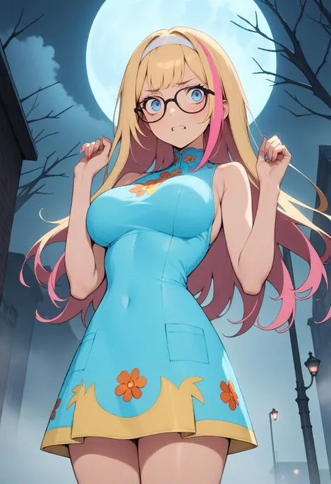 1girl, solo, blonde hair, pink hair, long hair, streaked hair, multicolored hair, white hairband, blue eyes, eyeliner, black-framed eyewear, glasses, <lora:Mytery_Machine_SDXL:0.8> Dollskill, short dress, blue dress, yellow hemline, sleeveless, floral print, large breasts, fingernails, white kneehighs, white shoes, platform footwear, looking to the side, scared, hands up, clenched teeth, night, outdoors, fog, full moon, cloud, lamppost, street, bare tree, building, dramatic lighting, horror \(theme\), cinematic, filmic, dutch angle, (masterpiece), (best quality), (ultra-detailed), very aesthetic, illustration, perfect composition, intricate details, absurdres
