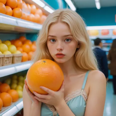 A soviet-era dimly-lit supermarket, a young woman is holding a strange and unusually large glowing grapefruit. The grapefruit is wrapped in a translucent film, and its glow illuminates the woman's face, casting an ethereal light on her pale, flawless skin. She has pale freckled still, delicate features, and long blonde hair. She is dressed in a tight rococo mini-dress. Her eyes are downcast, and her expressive face is tinged with sadness, as if she is embarrassed to be seen with the unusual vegetable. <lora:Sugar_Thrillz_Fool_For_You_SDXL:.4> <lora:SDXL_BetterFaces-LoRA_v1:.35> <lora:alt_fashion:.25>