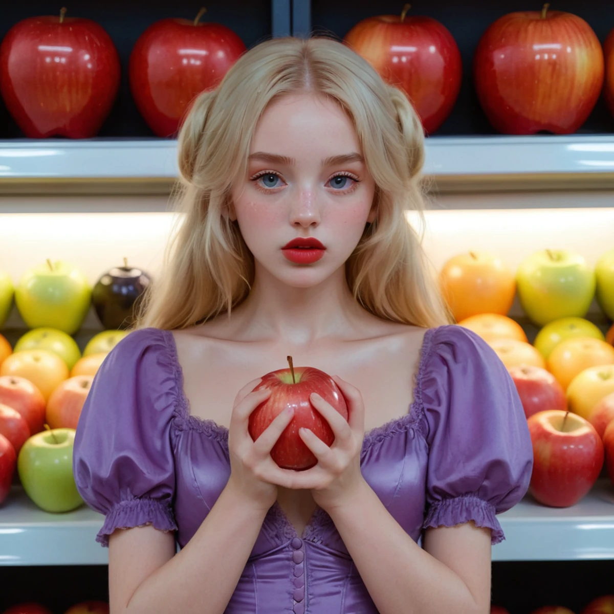 brightly-lit supermarket, a young woman is holding a strange and unusually large glowing apple, wrapped in a translucent film, and its glow illuminates the woman's face, casting an ethereal light on her pale, flawless skin. She has pale freckled still, delicate features, and long blonde hair. dark mascara, dark eyeliner, glossy, red lipstick, She is dressed in a tight rococo mini-dress. puffy sleeves, Her eyes are downcast, and her expressive face is tinged with sadness, as if she is embarrassed to be seen with the unusual apple. <lora:Sugar_Thrillz_Fool_For_You_SDXL:.4> <lora:SDXL_BetterFaces-LoRA_v1:.35> <lora:alt_fashion:.25> <lora:DetailedEyes_V3:1> <lora:add-detail-xl:2>