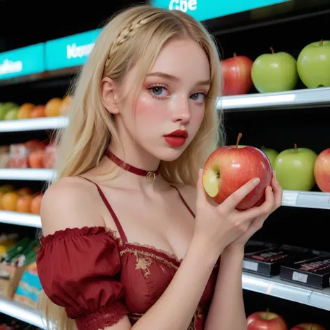 brightly-lit supermarket, a young woman is holding a strange and unusually large glowing apple, wrapped in a translucent film, and its glow illuminates the woman's face, casting an ethereal light on her pale, flawless skin. She has pale freckled still, delicate features, and long blonde hair. dark mascara, dark eyeliner, glossy, red lipstick, She is dressed in a tight rococo mini-dress. puffy sleeves, Her eyes are downcast, and her expressive face is tinged with sadness, as if she is embarrassed to be seen with the unusual apple. <lora:Sugar_Thrillz_Fool_For_You_SDXL:.4> <lora:SDXL_BetterFaces-LoRA_v1:.35> <lora:alt_fashion:.25> <lora:DetailedEyes_V3:1> <lora:add-detail-xl:2>
