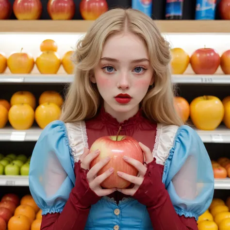 brightly-lit supermarket, a young woman is holding a strange and unusually large glowing apple, wrapped in a translucent film, and its glow illuminates the woman's face, casting an ethereal light on her pale, flawless skin. She has pale freckled still, delicate features, and long blonde hair. dark mascara, dark eyeliner, glossy, red lipstick, She is dressed in a tight rococo mini-dress. puffy sleeves, Her eyes are downcast, and her expressive face is tinged with sadness, as if she is embarrassed to be seen with the unusual apple. <lora:Sugar_Thrillz_Fool_For_You_SDXL:.4> <lora:SDXL_BetterFaces-LoRA_v1:.35> <lora:alt_fashion:.25> <lora:DetailedEyes_V3:1> <lora:add-detail-xl:2>