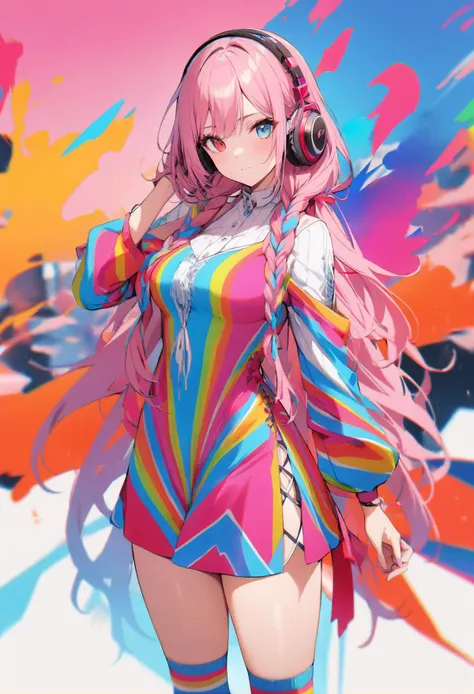 1girl,mature,beautiful,stunning,asian beauty,intense pink hair,long hair,two long braids,beautiful eyes,detailed eyes,blue eyes,red eye liner,wearing a vibrant tie-dye dress,colorful,hair ribbons,headphones,wearing vibrant color long socks,boots,standing,abstract background,vibrant colors,warm colors,masterpiece,best quality,ultra detailed, <lora:add-detail-xl:1>, <lora:dollskill_dresses_sdxl:0.7>