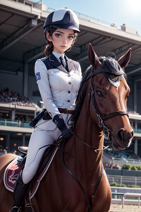 best quality, masterpiece, <lora:more_details:0.3>,<lyco:GoodHands-beta2:1>,a woman, (wearing equitation_outfit, wearing cap:1.3), white equitation_outfit, good hand, head:1.3,finely detailed skin, sharp focus, (cinematic lighting), dynamic angle, breasts, outside, Racetrack background, <lora:equitation_outfit:0.6>,Depth of Field