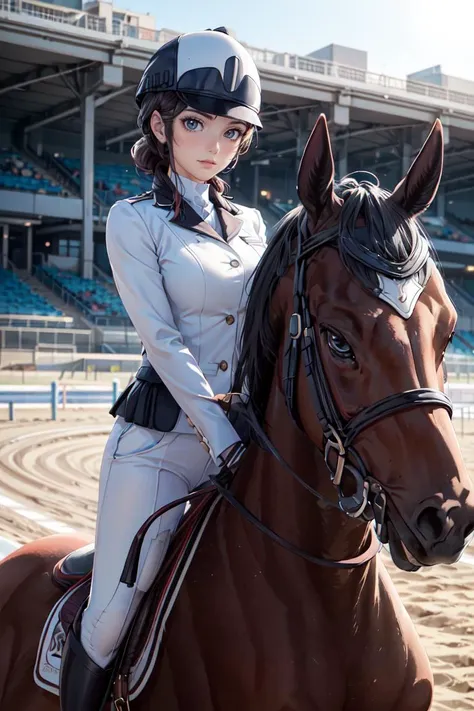 best quality, masterpiece, <lora:more_details:0.3>,<lyco:GoodHands-beta2:1>,a woman, (wearing equitation_outfit, wearing cap:1.3), white equitation_outfit, good hand, head:1.3,finely detailed skin, sharp focus, (cinematic lighting),  dynamic angle,  breasts, outside, Racetrack background,  <lora:equitation_outfit:0.6>,Depth of Field