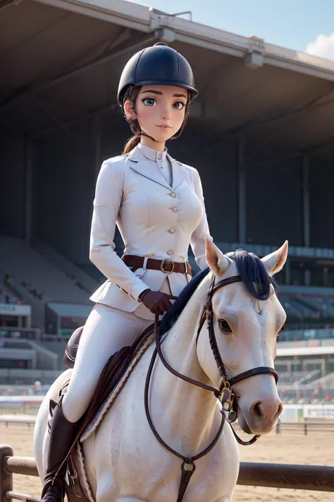 best quality, masterpiece, <lora:more_details:0.3>,<lyco:GoodHands-beta2:1>,a woman, (wearing equitation_outfit, wearing cap:1.1), white equitation_outfit, good hand, head:1.3,finely detailed skin, sharp focus, (cinematic lighting), dynamic angle, breasts, outside, Racetrack background, <lora:equitation_outfit:0.6>,Depth of Field