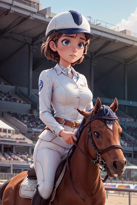 best quality, masterpiece, <lora:more_details:0.3>,<lyco:GoodHands-beta2:1>,a woman, (wearing equitation_outfit, wearing cap:1.1), white equitation_outfit, good hand, head:1.3,finely detailed skin, sharp focus, (cinematic lighting), dynamic angle, breasts, outside, Racetrack background, <lora:equitation_outfit:0.6>,Depth of Field