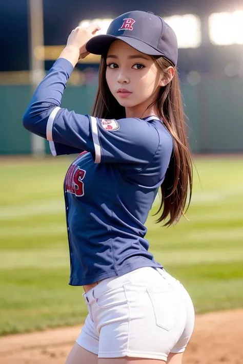 <lora:betterCuteAsian03:0.3>, a woman playing baseball, (wearing baseball_uniform:1.3), blue uniform,
good hand,4k, high-res, masterpiece, best quality, head:1.3,((Hasselblad photography)), finely detailed skin, sharp focus, (cinematic lighting), night, soft lighting, dynamic angle, [:(detailed face:1.2):0.2],(((inside_stadium))),    <lora:baseball_uniform:0.5>
