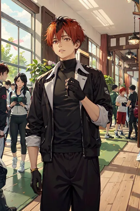 <lora:gym_outfit:0.5> wearing gym_outfit, inside gym, taking a selfie, <lora:Stark:0.9> StarkFrieren, sportswear, black shirt, black pants, gloves, (1boy:1.3), hand up, biceps,, ultra detailed, masterpiece, best quality, aesthetic, detailed,