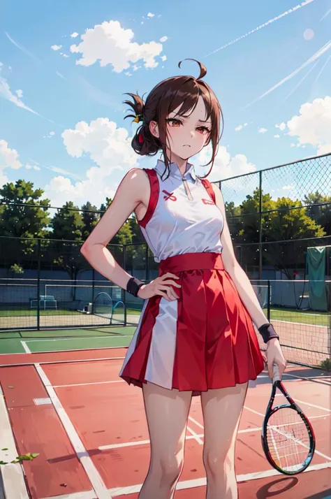 <lora:tennis_outfit05:0.5> wearing tennis_outfit, wearing tennis_hat, tennis field,, ultra detailed, masterpiece, best quality, aesthetic, detailed,, solo, frown,
1girl, red eyes, <lora:Tsurime3:1>, (tsurime:1.2), (brown hair:1.3), medium hair, (asymmetrical bangs, swept bangs, cowlick:1.35), flipped hair, <lora:foldedponytail:0.8> foldedponytail, folded ponytail, (small breasts:1.3),