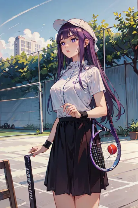 <lora:tennis_outfit05:0.5> wearing tennis_outfit, wearing tennis_hat, tennis field, <lora:Fern:1> FernFrieren, very long hair, purple eyes, (purple pupils),, ultra detailed, masterpiece, best quality, aesthetic, detailed,