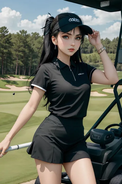 1girl, Jewlery, Lips Parted, <lora:rintohsakatest:1> rin tohsaka, aqua eyes, black hair, hair ribbon, long hair, ribbon, sidelocks, two side up, <lora:golf_outfit:0.5>, wearing golf_outfit, wearing golf_cap, golf field, golf cart background, Masterpiece, Best Quality, 4K