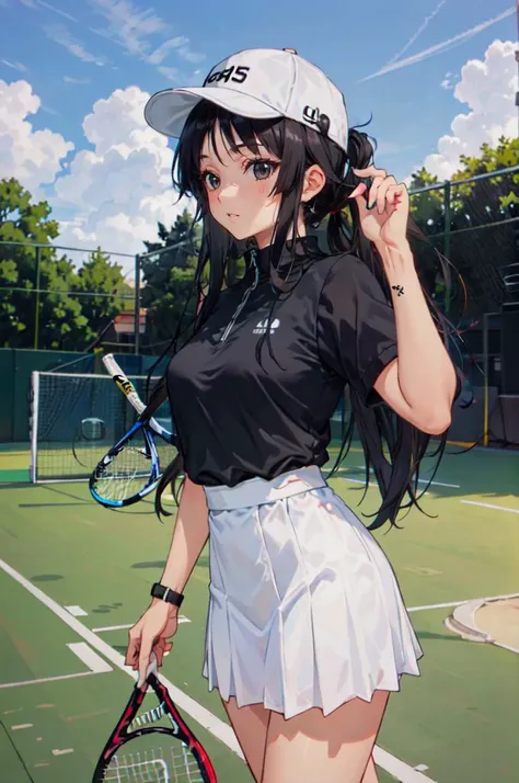 <lora:tennis_outfit05:0.5> wearing tennis_outfit, wearing tennis_hat, tennis field, <lora:akiyama_mio:0.8> aamio,black eyes,long hair,hime cut,blunt bangs,, ultra detailed, masterpiece, best quality, aesthetic, detailed,