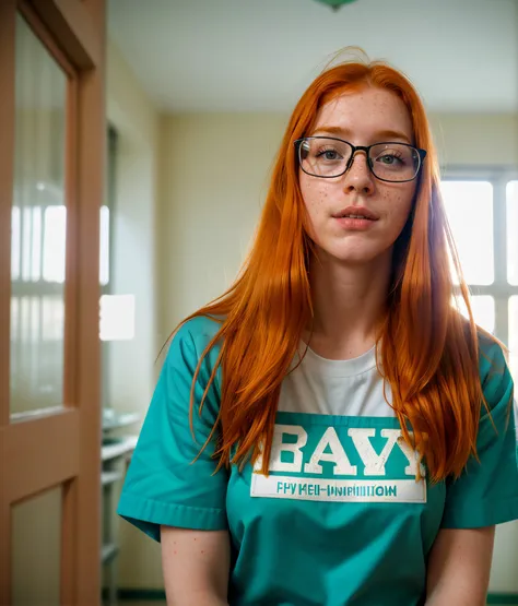 RAW photo of sexy young 20yo beautiful ginger girl, long hair, redhead, glasses, (looking shy:1.3), freckles, detailed face institutionalized in a ((psychiatric hospital)), <lora:basket_uniform-10:0.35> wearing basket_uniform back view, ejaculation cum on face detailed skin, 8k uhd, dslr, high quality, film grain, Fujifilm XT3 <lora:naughty_to_nice_v2:-2:>