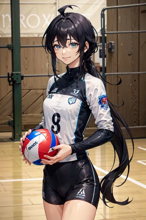 <lora:volley_uniform:0.5> volley_uniform, inside volley ball field, holding_ball, <lora:akiyama_mio:0.8> aamio,black eyes,long hair,hime cut,blunt bangs,, ultra detailed, masterpiece, best quality, aesthetic, detailed,