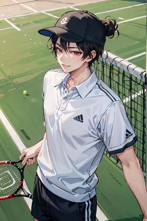 <lora:tennis_outfit05:0.5> wearing tennis_outfit, wearing tennis_hat, tennis field,, ultra detailed, masterpiece, best quality, aesthetic, detailed,, ultra detailed, masterpiece, best quality, solo, smile, 1boy, green eyes, short hair, black hair, bangs, hair between eyes, messy hair, (goggles on head:1.2),