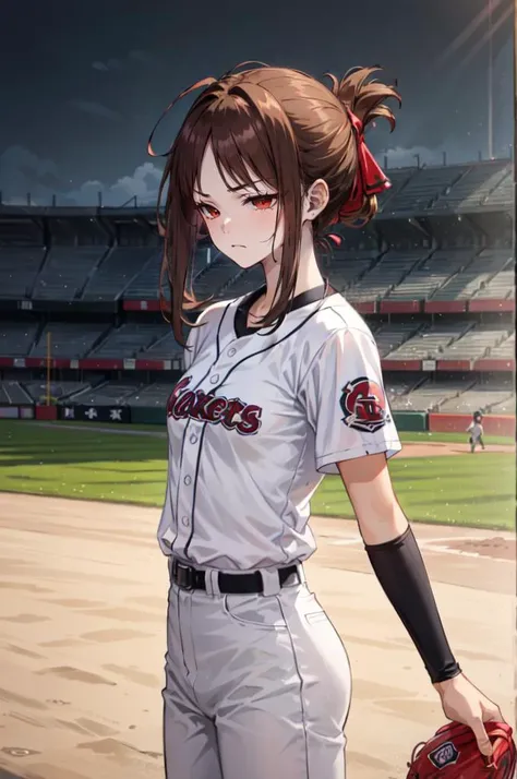 A man in a black baseball outfit together with a woman (eye red) in a baseball outfit on the baseball field
