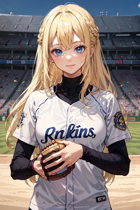 <lora:baseball_uniform:0.45> wearing baseball_uniform, holding a baseball glove, inside_stadium, throwing a ball,, ultra detailed, masterpiece, best quality, aesthetic, detailed,, solo, soft smile, light smile,
1girl, blue eyes, very long hair, blonde hair, long blonde hair, french braid, bangs, medium breasts,