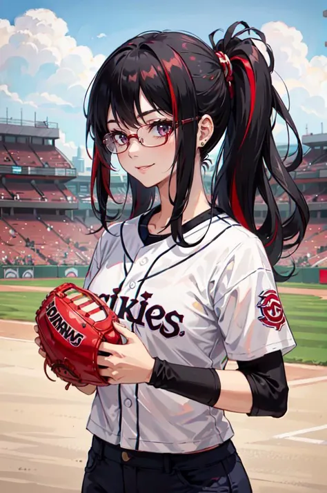 <lora:baseball_uniform:0.45> wearing baseball_uniform, holding a baseball glove, inside_stadium, throwing a ball,, ultra detailed, masterpiece, best quality, aesthetic, detailed,, solo, smug smile, 1girl, purple eyes, red-framed eyewear, (black hair, red colored tips:1.2), red streaked hair, very long hair, side ponytail, tied hair, medium breasts,